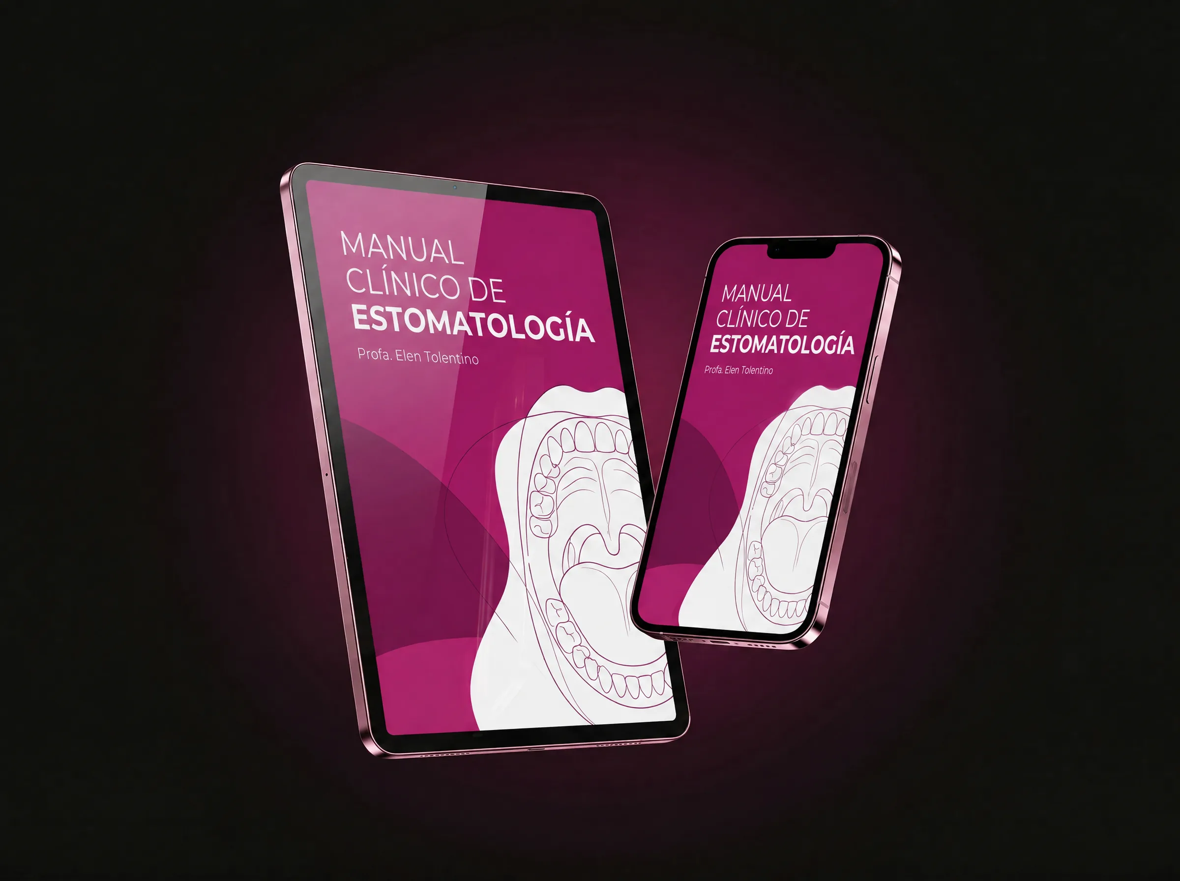 Manual Clínico de Estomatología abierto en la tableta y en el celular, para consultarlo en el sillón dental